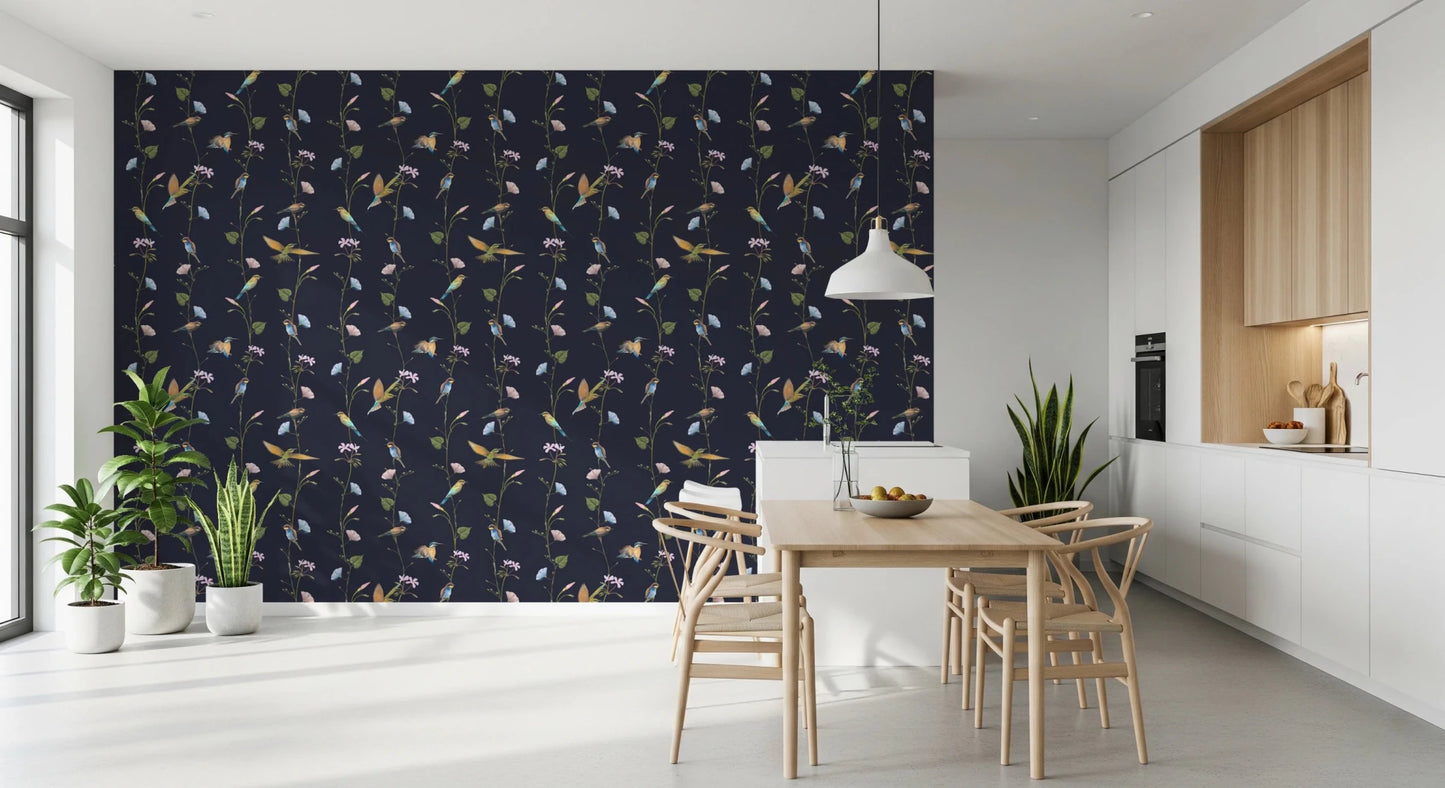 Sunlit Dining space with Vintage Birds in Moonlit Garden Wallpaper