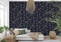 Living room area of Vintage Birds in Moonlit Garden Wallpaper