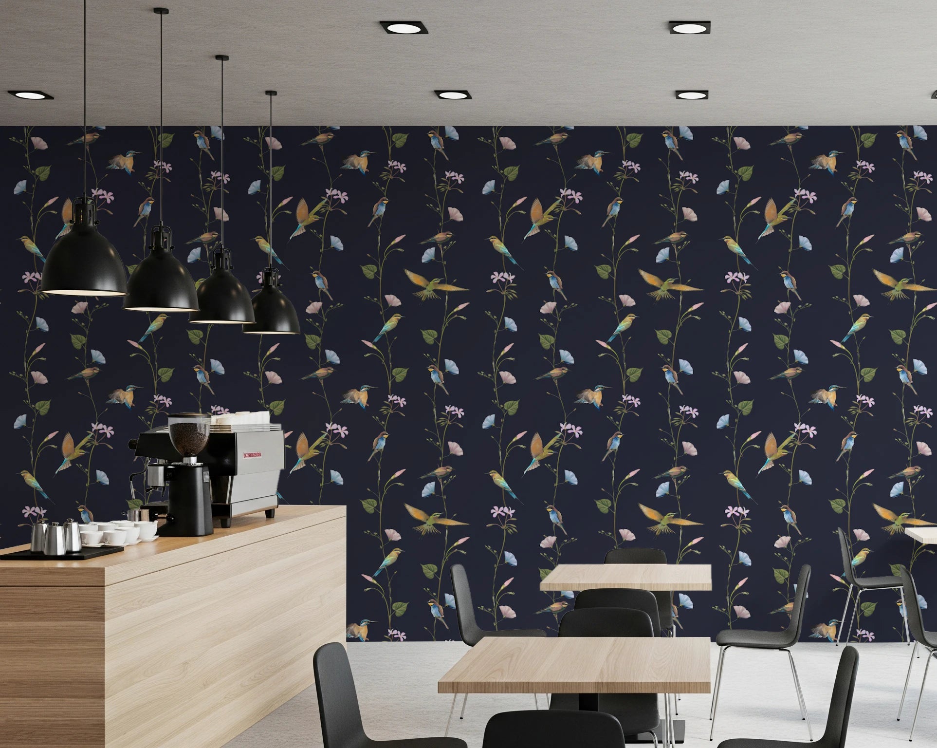 Café style with Vintage Birds in Moonlit Garden Wallpaper backdrop