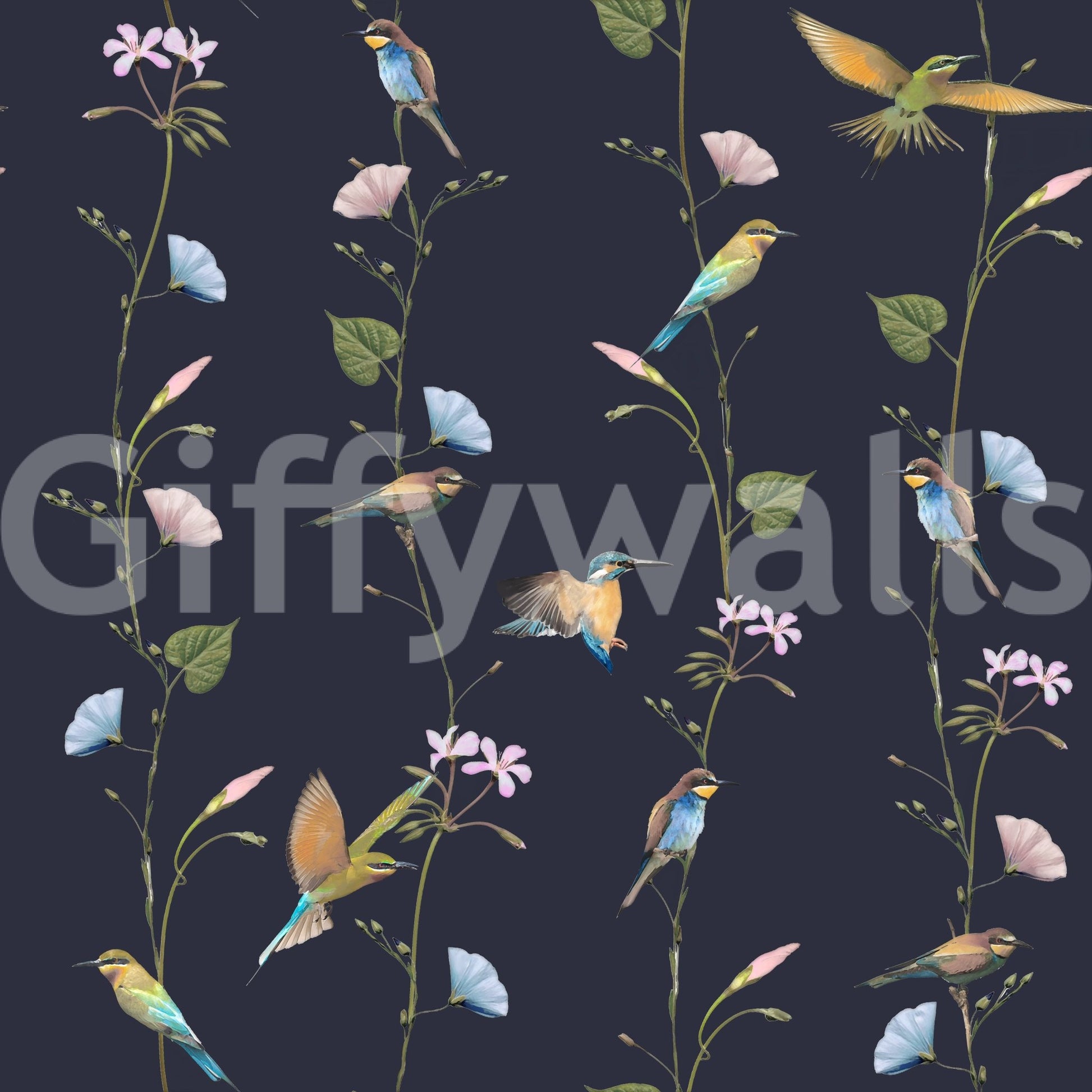 Vintage Birds in Moonlit Garden wallpaper with birds on dark floral backdrop