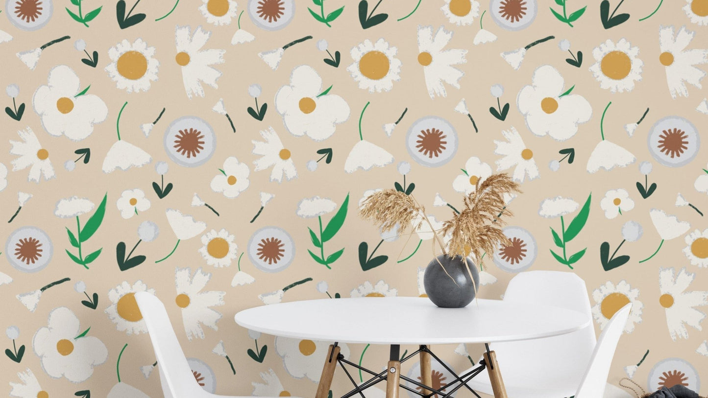 Marigold and Dandelion Pearl Wallpaper design
