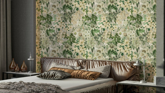 Old-world floral pattern wall mural.
