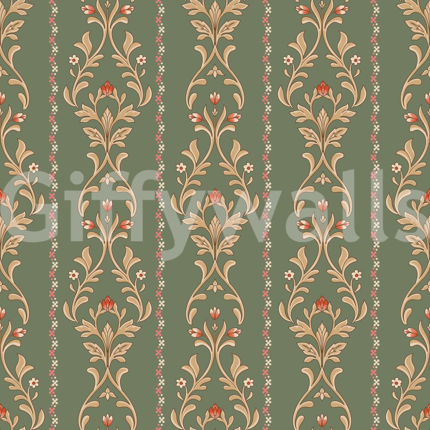 Muted green Vintage Bloom heritage stripe Wallpaper with beige vines and coral buds