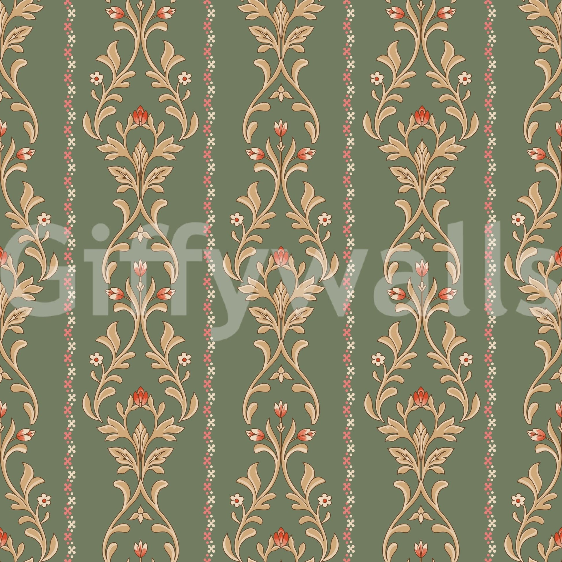 Muted green Vintage Bloom heritage stripe Wallpaper with beige vines and coral buds