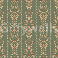 Muted green Vintage Bloom heritage stripe Wallpaper with beige vines and coral buds