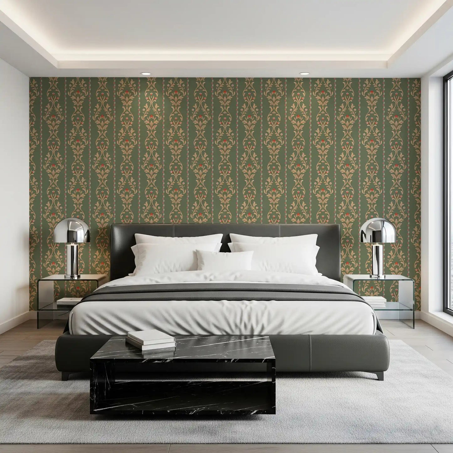 Vintage Bloom heritage stripe Wallpaper behind a dark bed in a modern bedroom