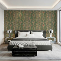Vintage Bloom heritage stripe Wallpaper behind a dark bed in a modern bedroom