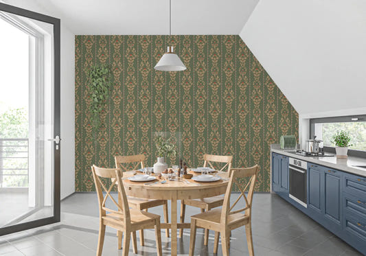 Vintage Bloom heritage stripe Wallpaper behind a dining set in a bright dining room