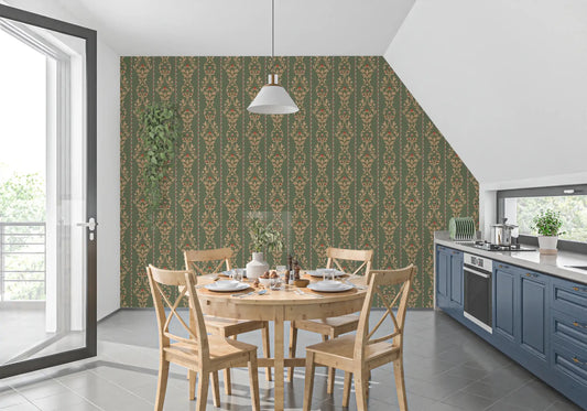 Vintage Bloom heritage stripe Wallpaper behind a dining set in a bright dining room