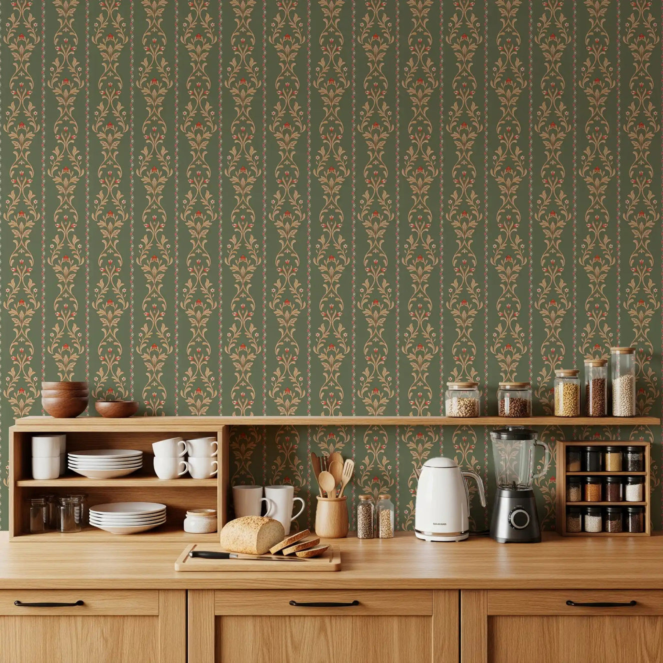 Vintage Bloom heritage stripe Wallpaper in a warm kitchen with open wooden shelving