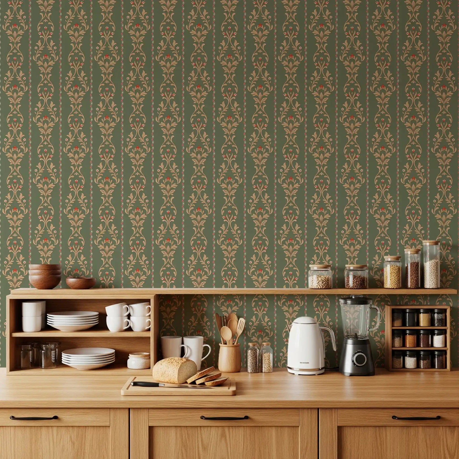 Vintage Bloom heritage stripe Wallpaper in a warm kitchen with open wooden shelving