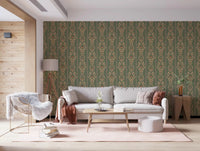 A pale sofa corner styled with Vintage Bloom heritage stripe Wallpaper and warm light