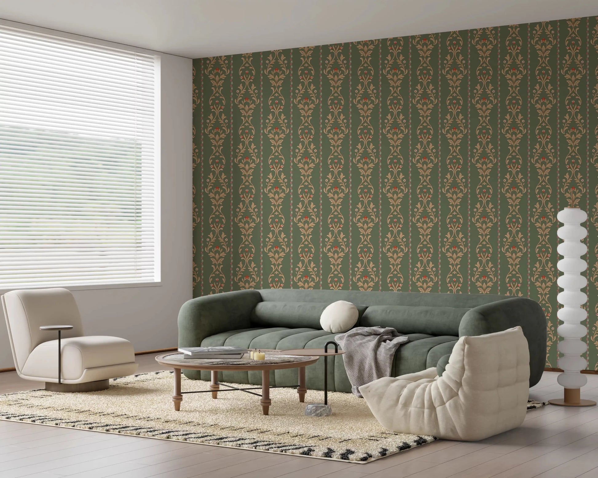 A soft lounge features Vintage Bloom heritage stripe Wallpaper behind a beige sofa