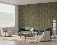 A soft lounge features Vintage Bloom heritage stripe Wallpaper behind a beige sofa