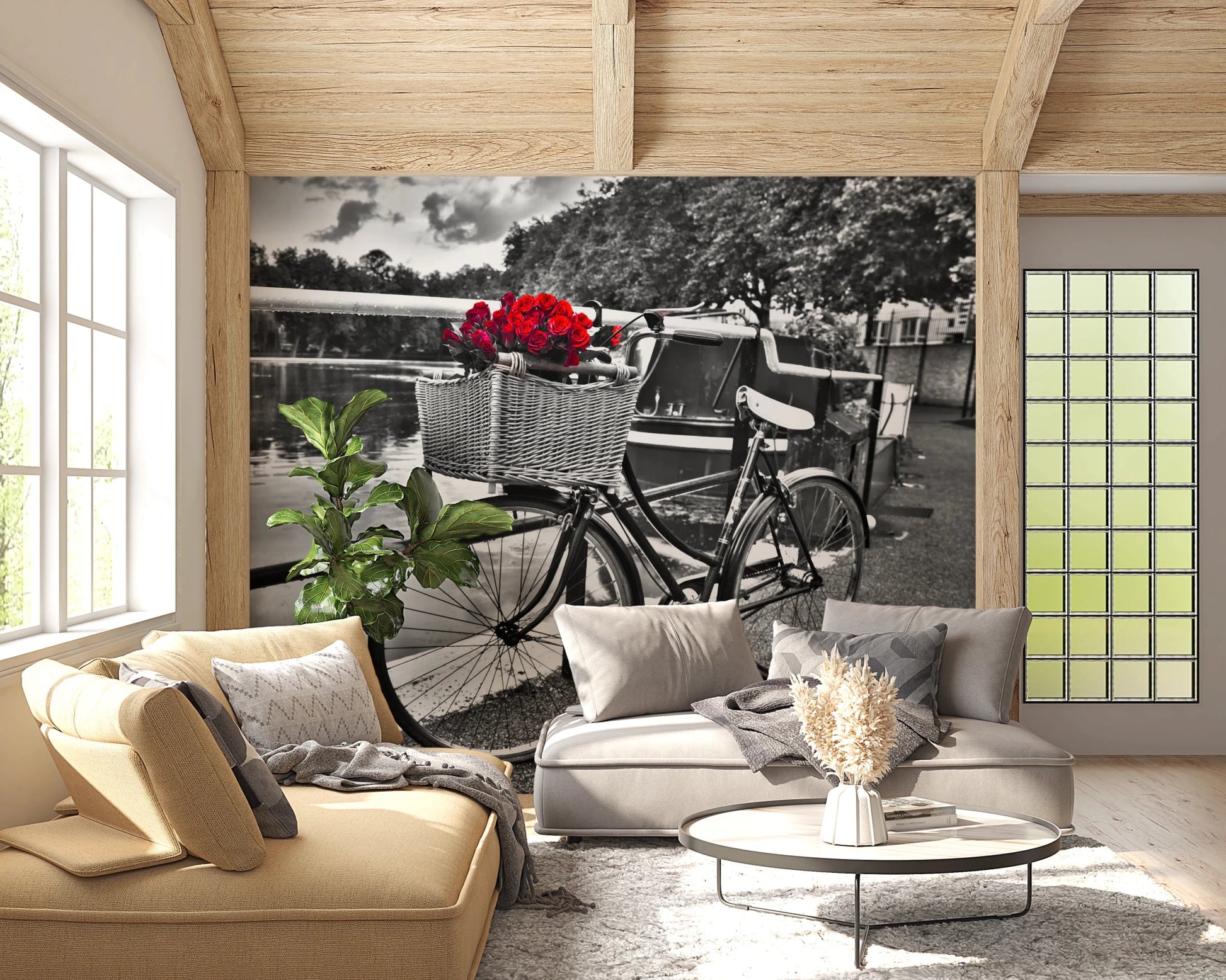 Black and white bicycle with red roses wall mural