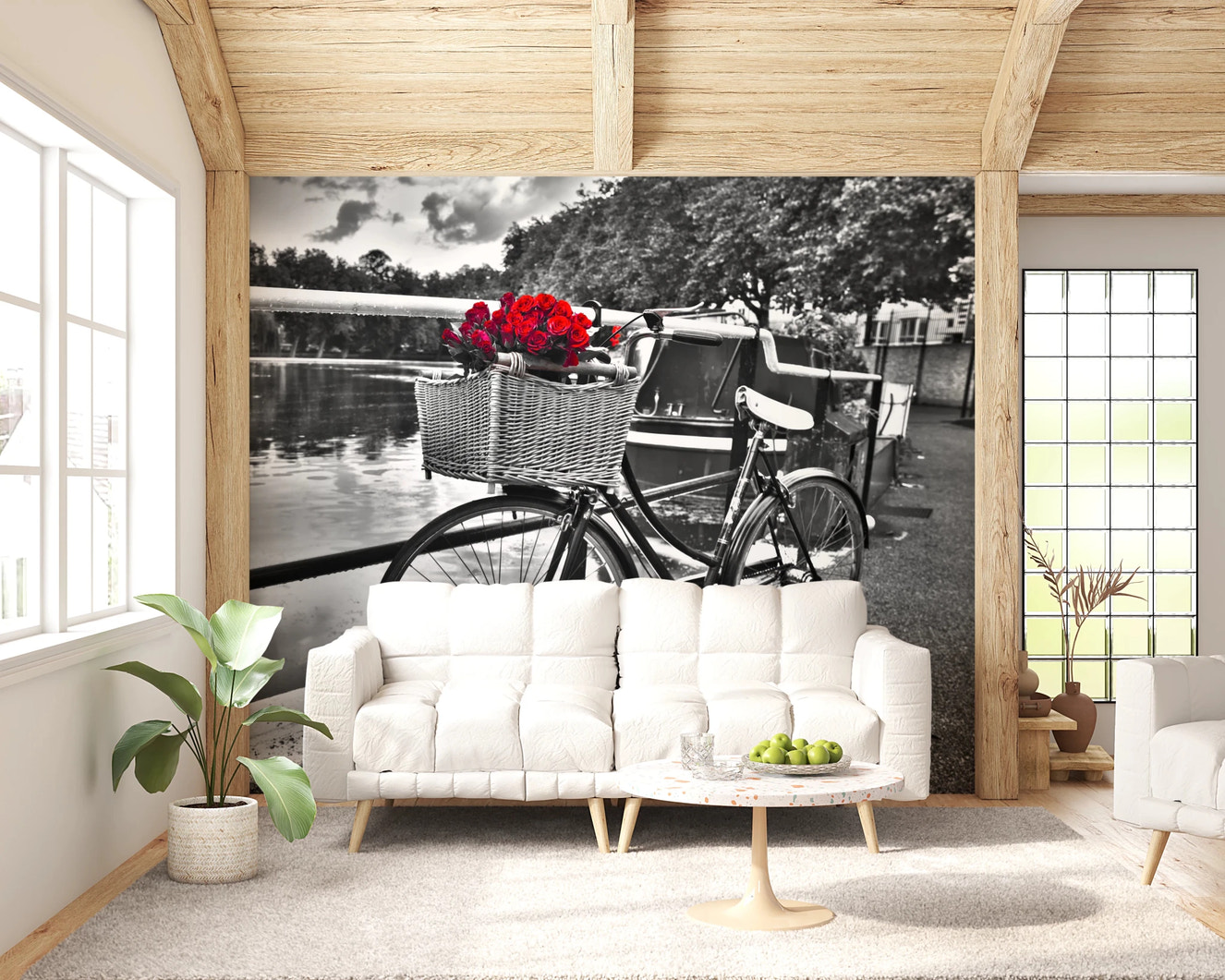 Vintage Bloom Ride Wall Mural with wicker basket