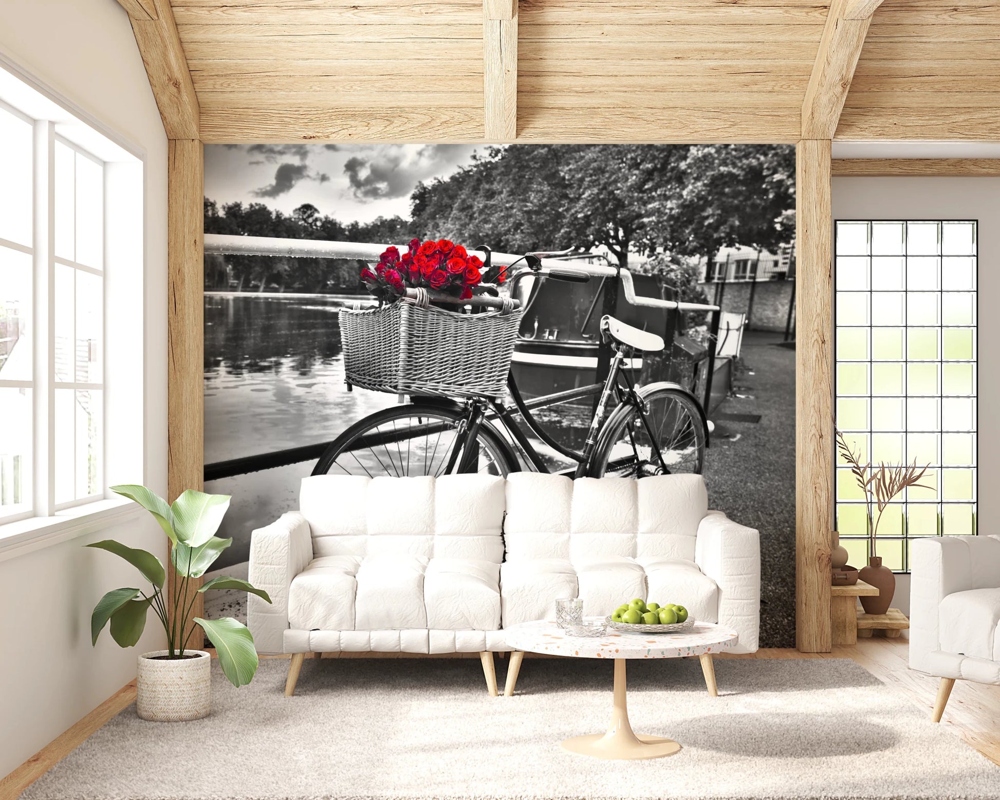 Vintage Bloom Ride Wall Mural with wicker basket