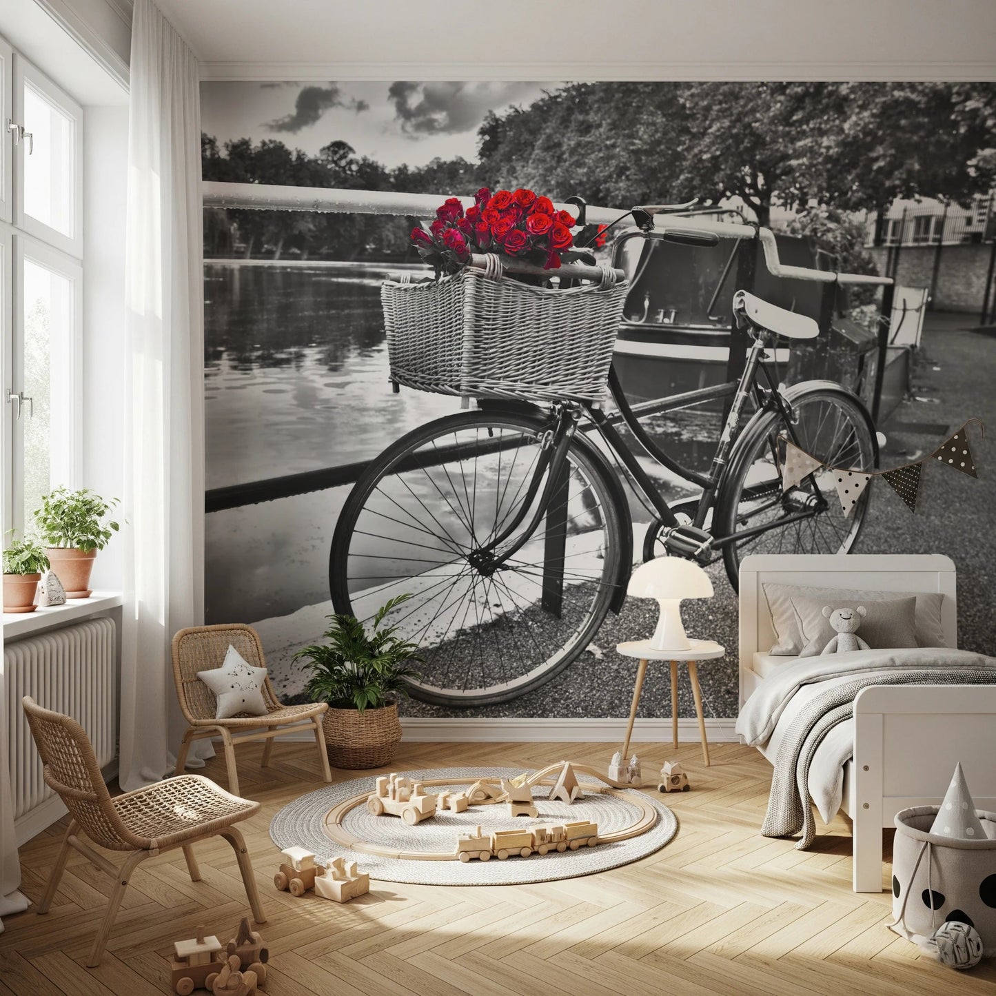 European style bicycle and flowers wallpaper