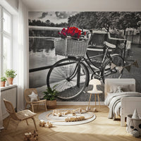 European style bicycle and flowers wallpaper