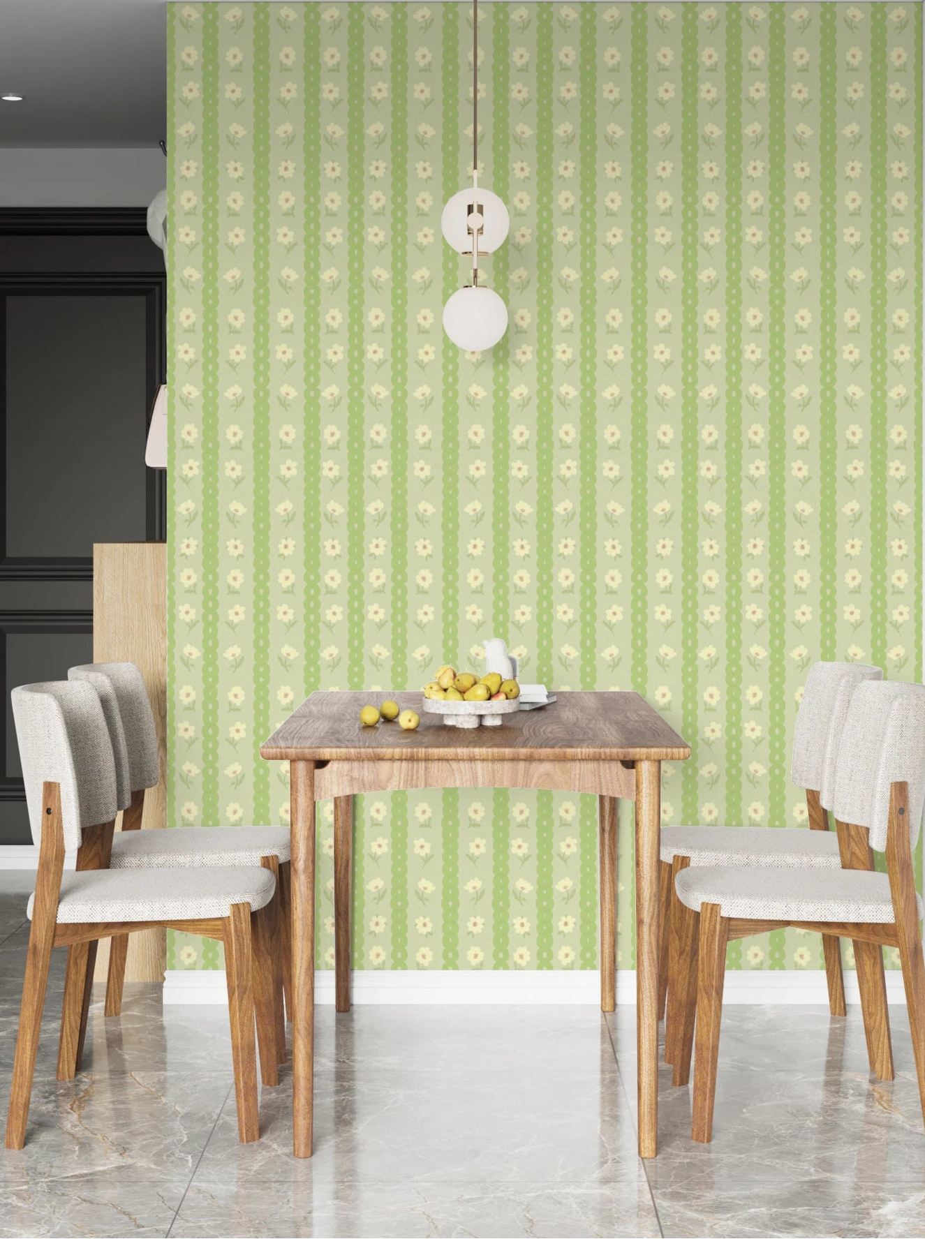 Vintage Bloom Rows Wallpaper adds soft floral stripes to a calm dining nook
