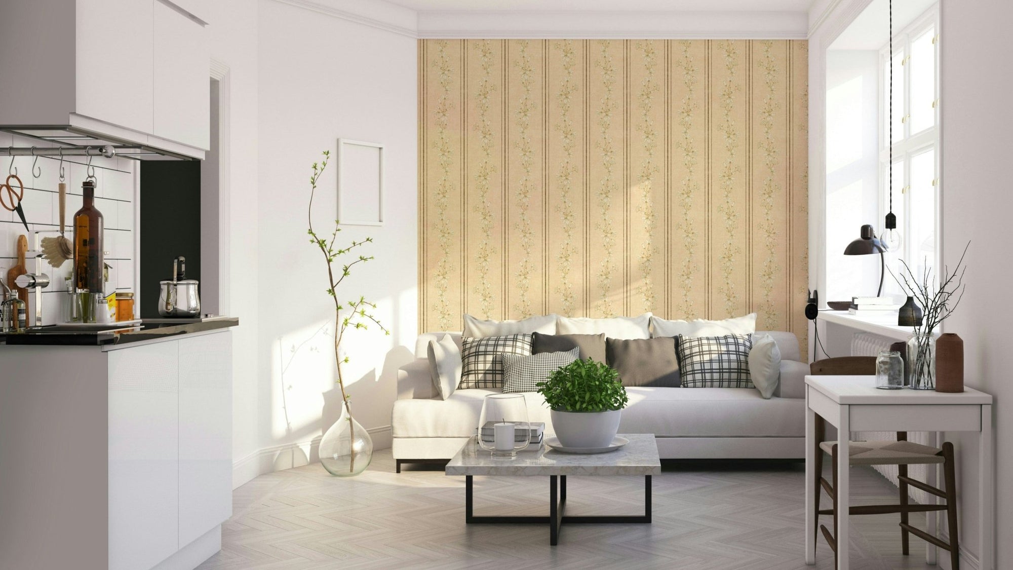Vintage Bloom Stripes Floral  Soft Yellow Wallpaper⁠ GD392