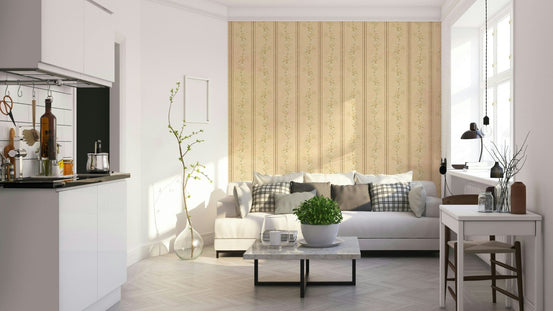 Vintage Bloom Stripes Floral  Soft Yellow Wallpaper⁠ GD392