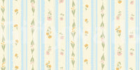 Soft cream and blue wallpaper with a repetitive vintage floral design.