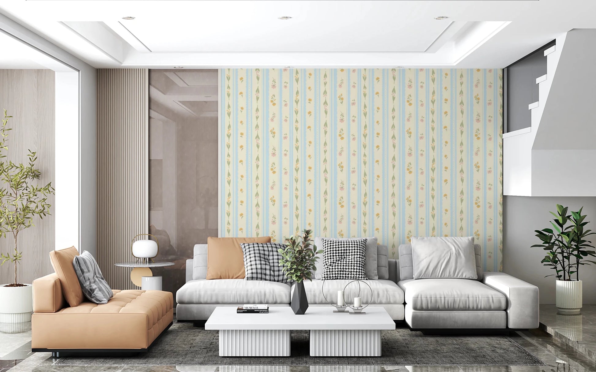 Delicate yellow flower motifs on a striped wall mural for guest rooms.