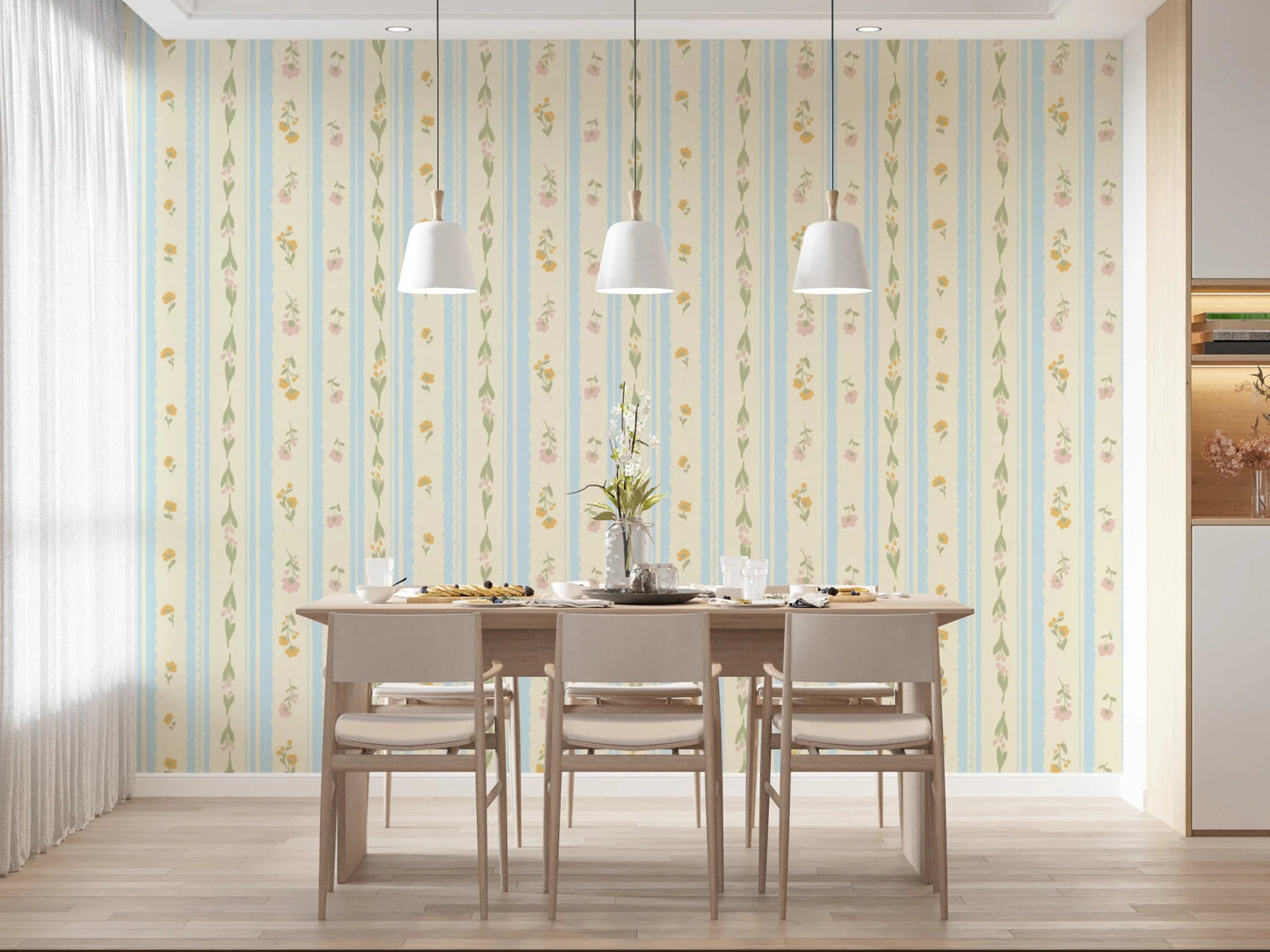 Pastel floral wallpaper for a feature wall in a sunlit dining area.