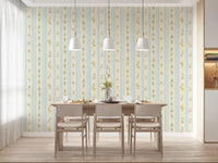 Pastel floral wallpaper for a feature wall in a sunlit dining area.