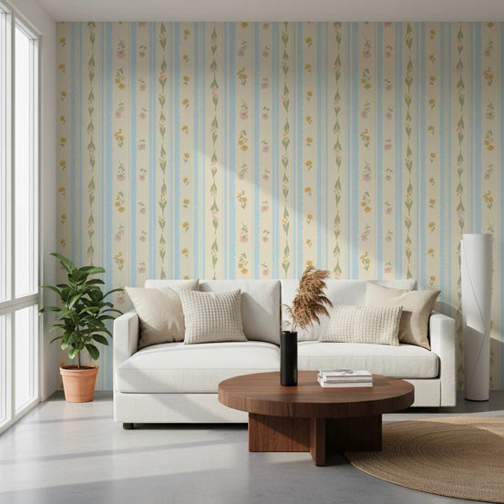 Vintage Bloom Stripes Wallpaper with blue vertical lines for a bedroom., GD8360