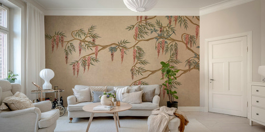 A peaceful wall mural with a soft, floral design.

