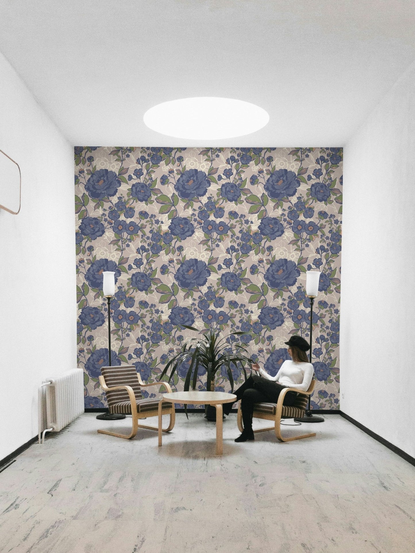 Design featuring flowers in muted pink, brown, blue, and green colors.

