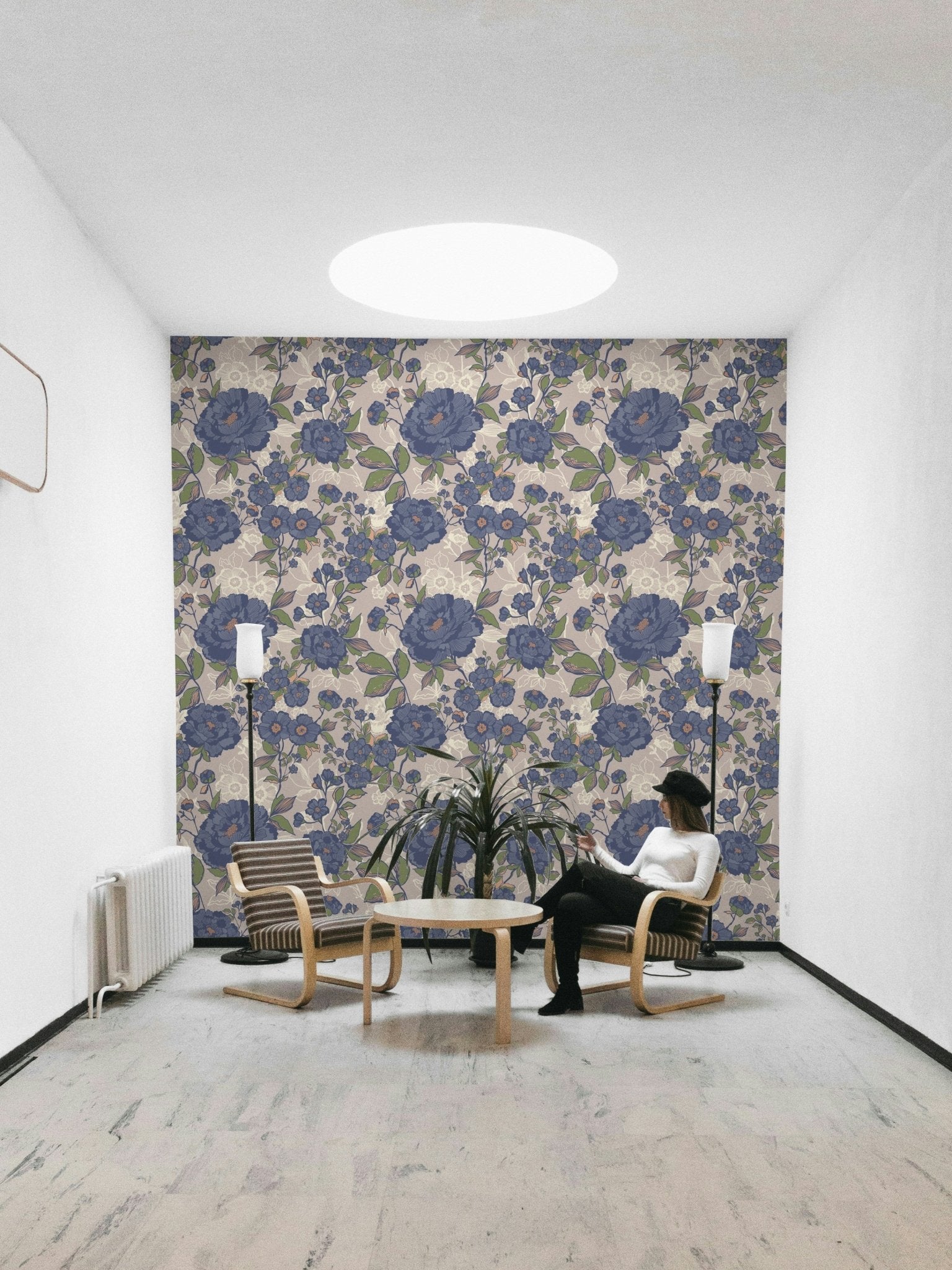 Design featuring flowers in muted pink, brown, blue, and green colors.

