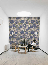 Design featuring flowers in muted pink, brown, blue, and green colors.

