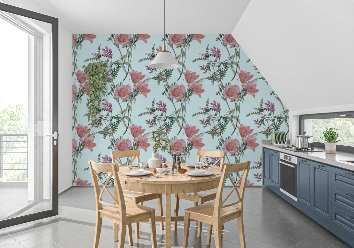 Pastel flower Blooming  wallpaper with soft pink petals and fine leafy detailing