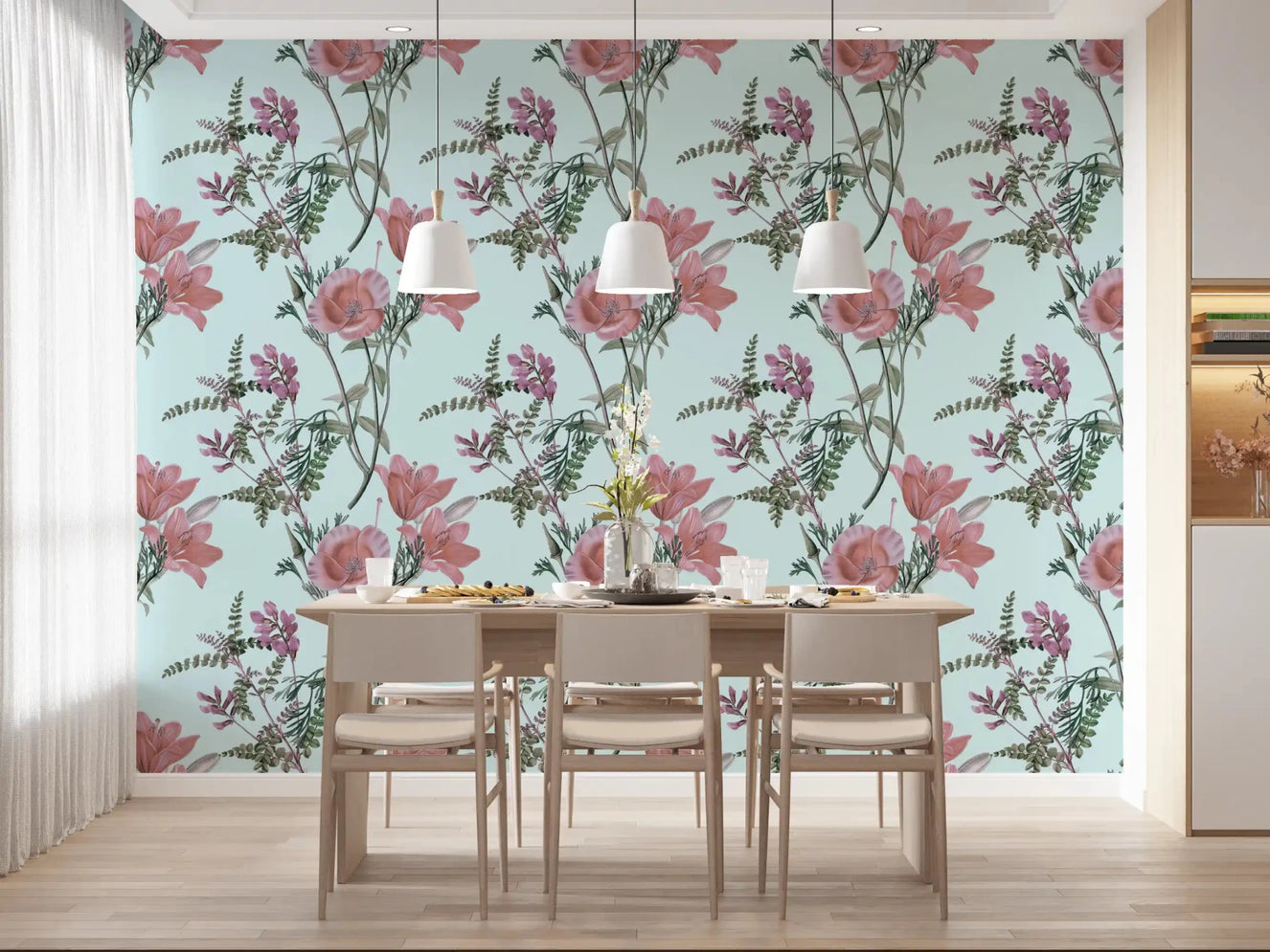 Vintage Blooming Serenity wallpaper in a dining room with blush flowers and soft blue base