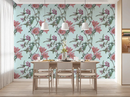 Vintage Blooming Serenity wallpaper in a dining room with blush flowers and soft blue base, GD9390