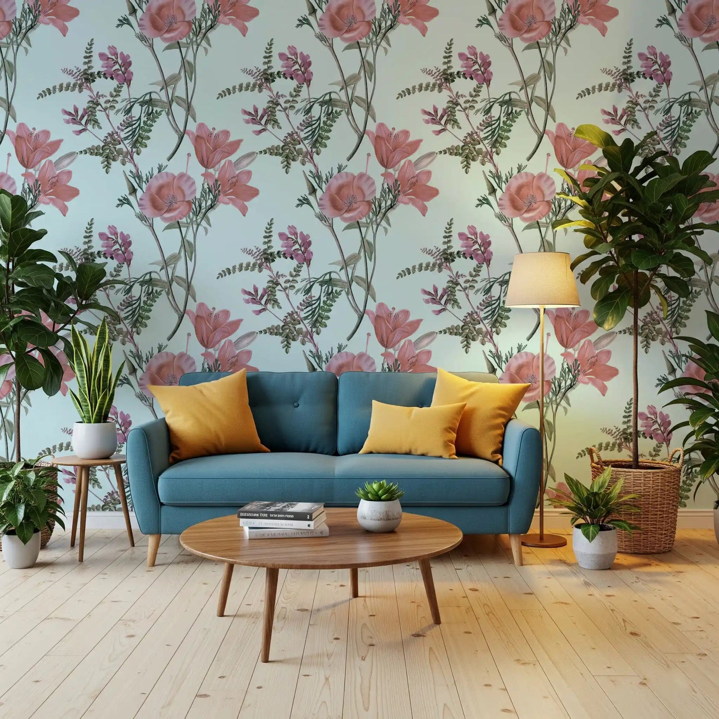 Hallway styled with Vintage Blooming Serenity wallpaper in pastel floral pattern