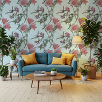 Hallway styled with Vintage Blooming Serenity wallpaper in pastel floral pattern