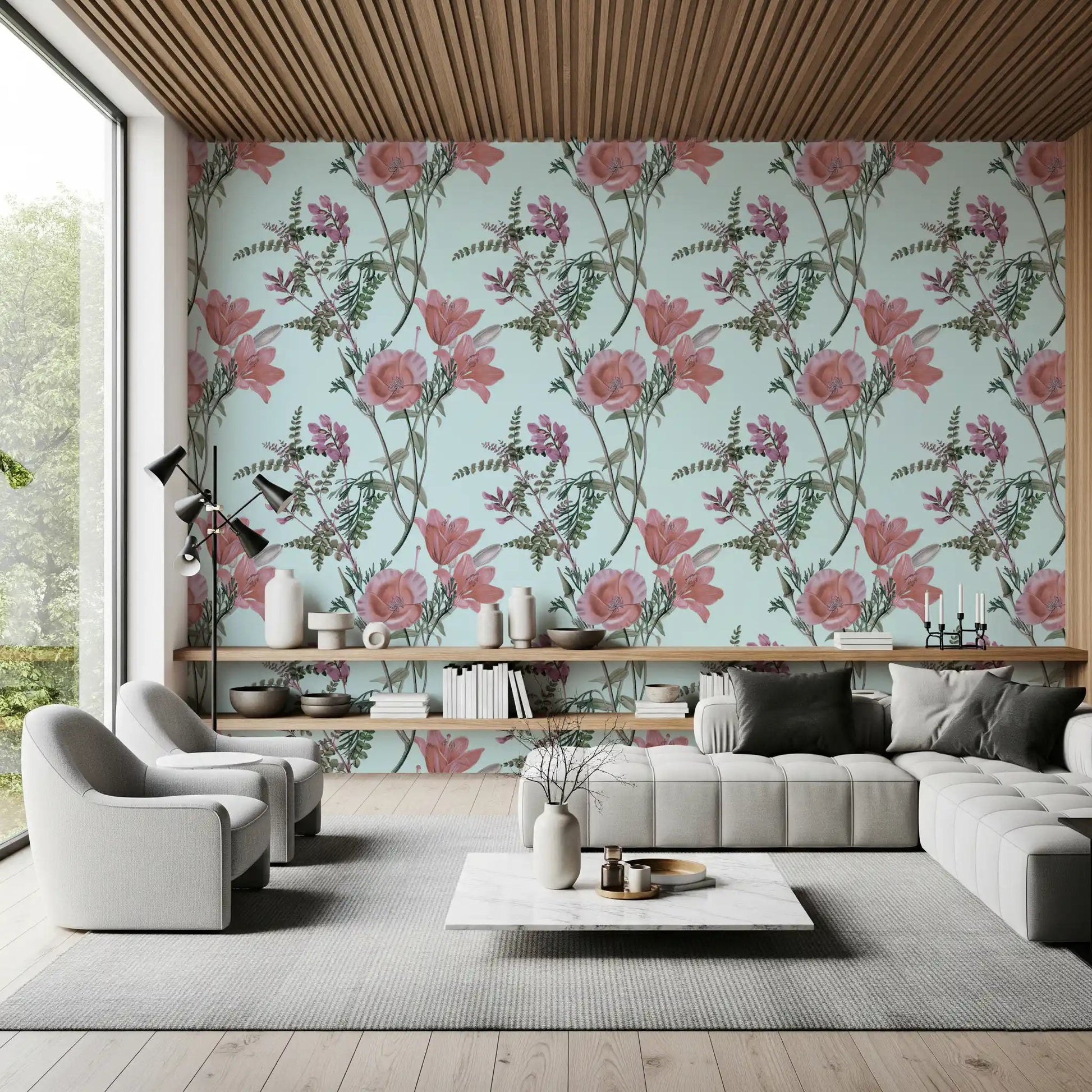 Living room wall with Vintage Blooming Serenity wallpaper in muted pink and sage tones