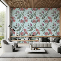 Living room wall with Vintage Blooming Serenity wallpaper in muted pink and sage tones