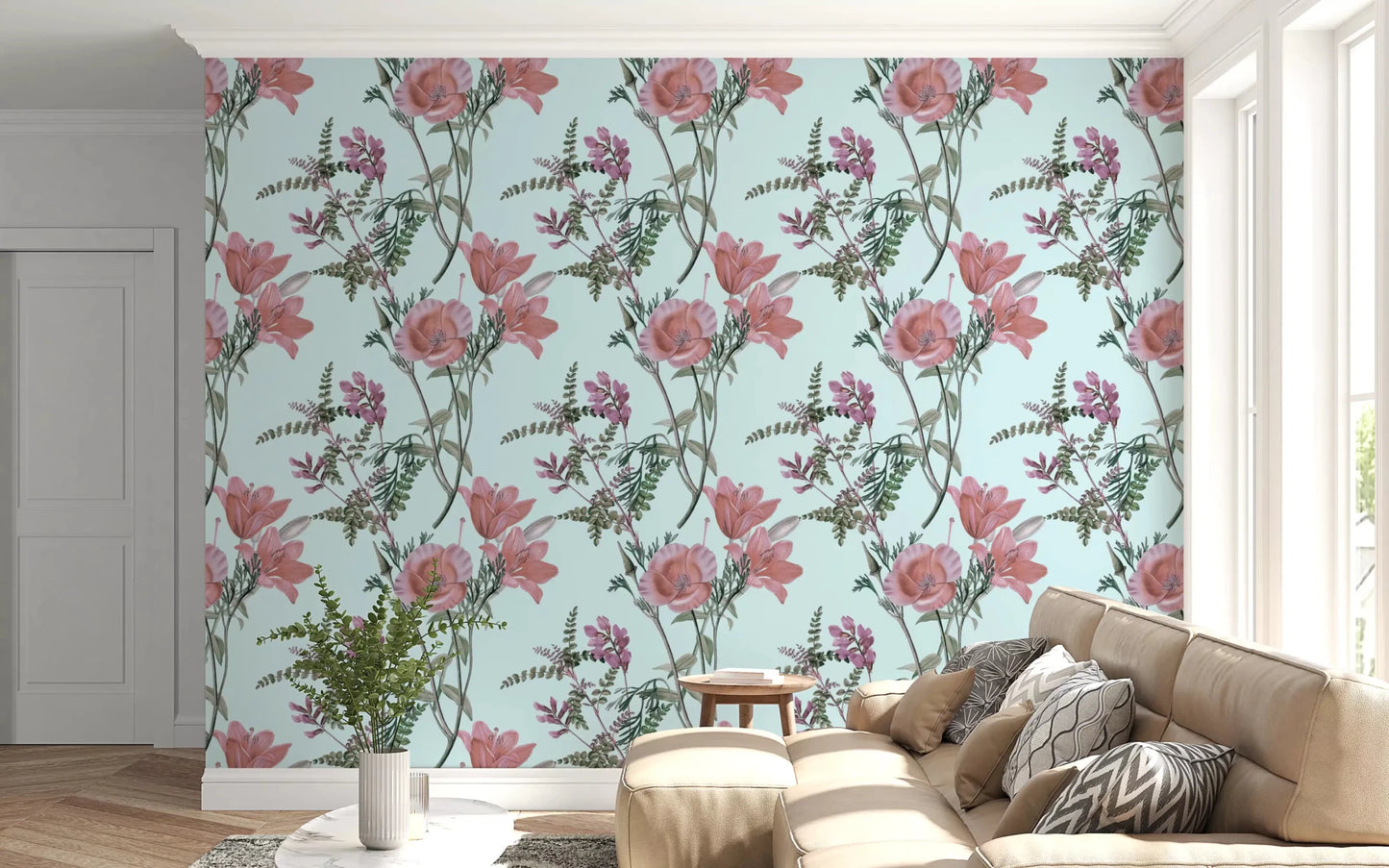 Botanical vintage wallpaper with airy stems and large blooming flowers