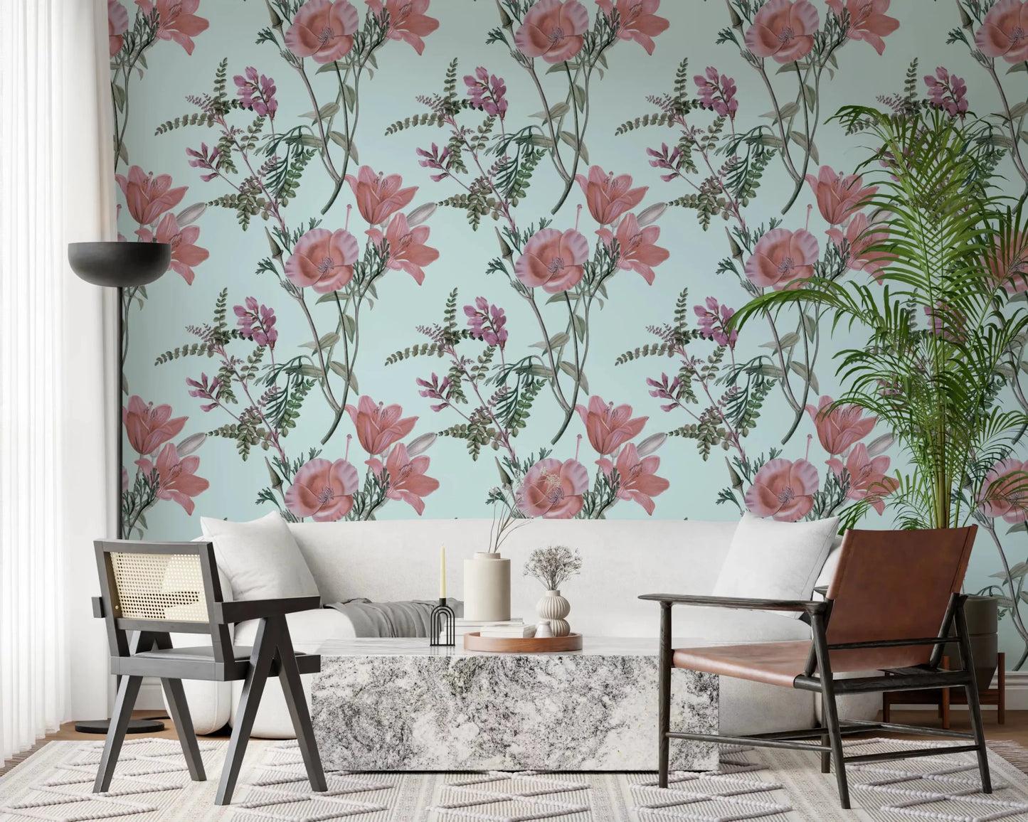 Soft botanical wallpaper with pastel blooms on a pale blue background