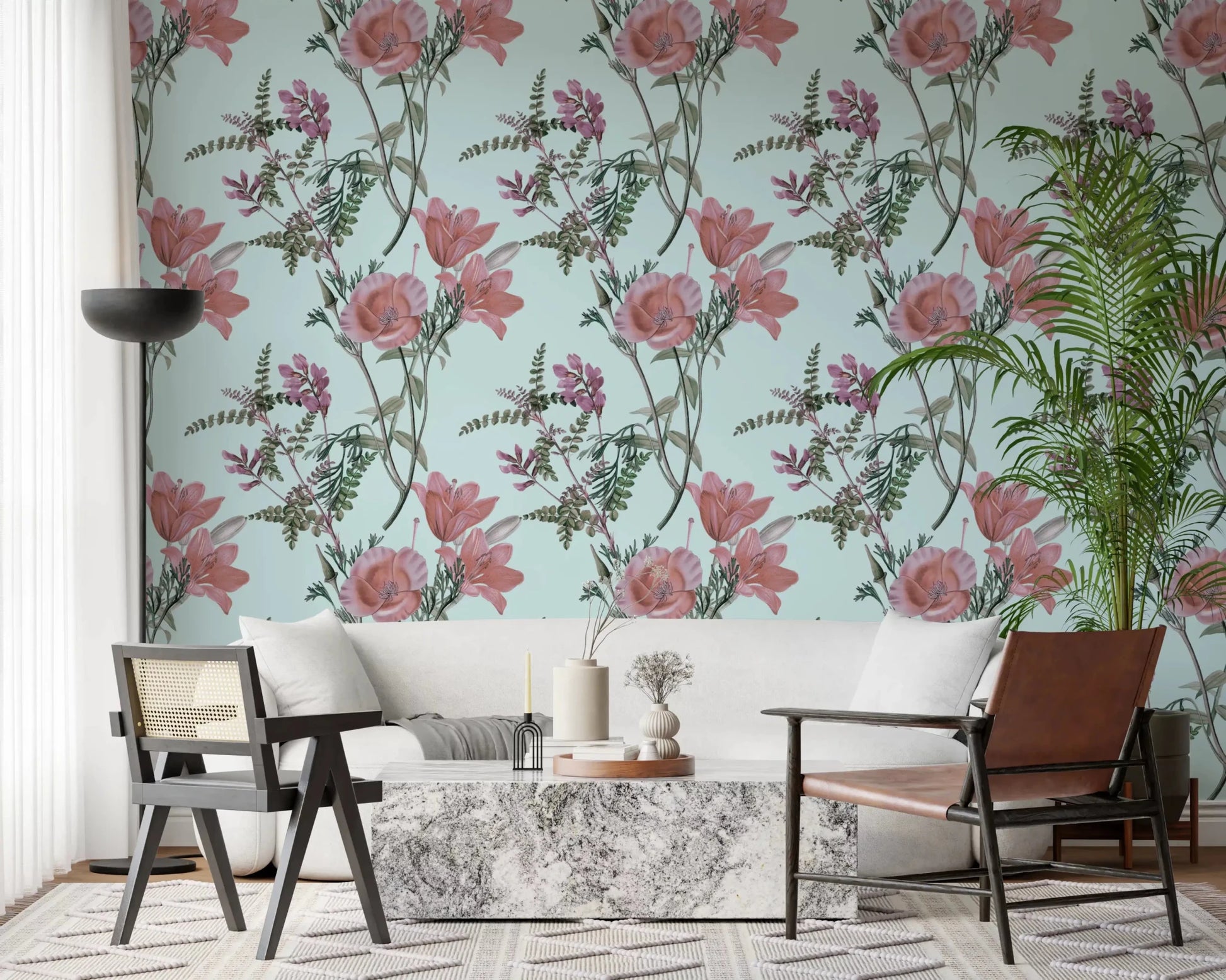 Soft botanical wallpaper with pastel blooms on a pale blue background