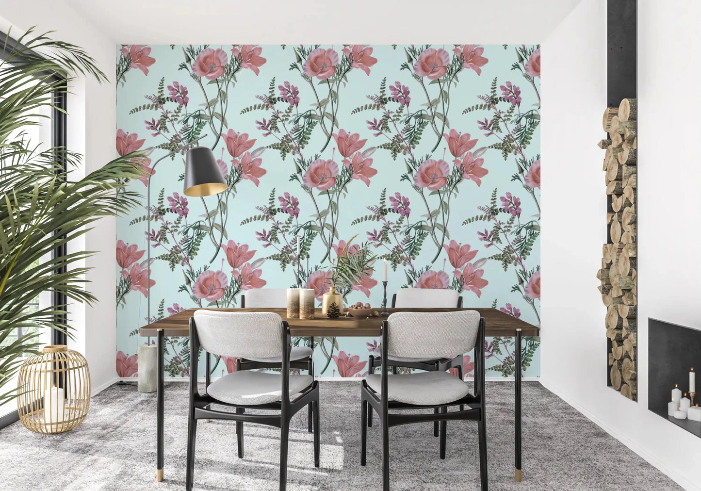 Elegant floral Vintage wallpaper in blush, lavender, and sage on powder blue
