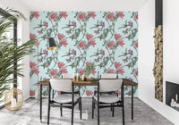 Elegant floral Vintage wallpaper in blush, lavender, and sage on powder blue