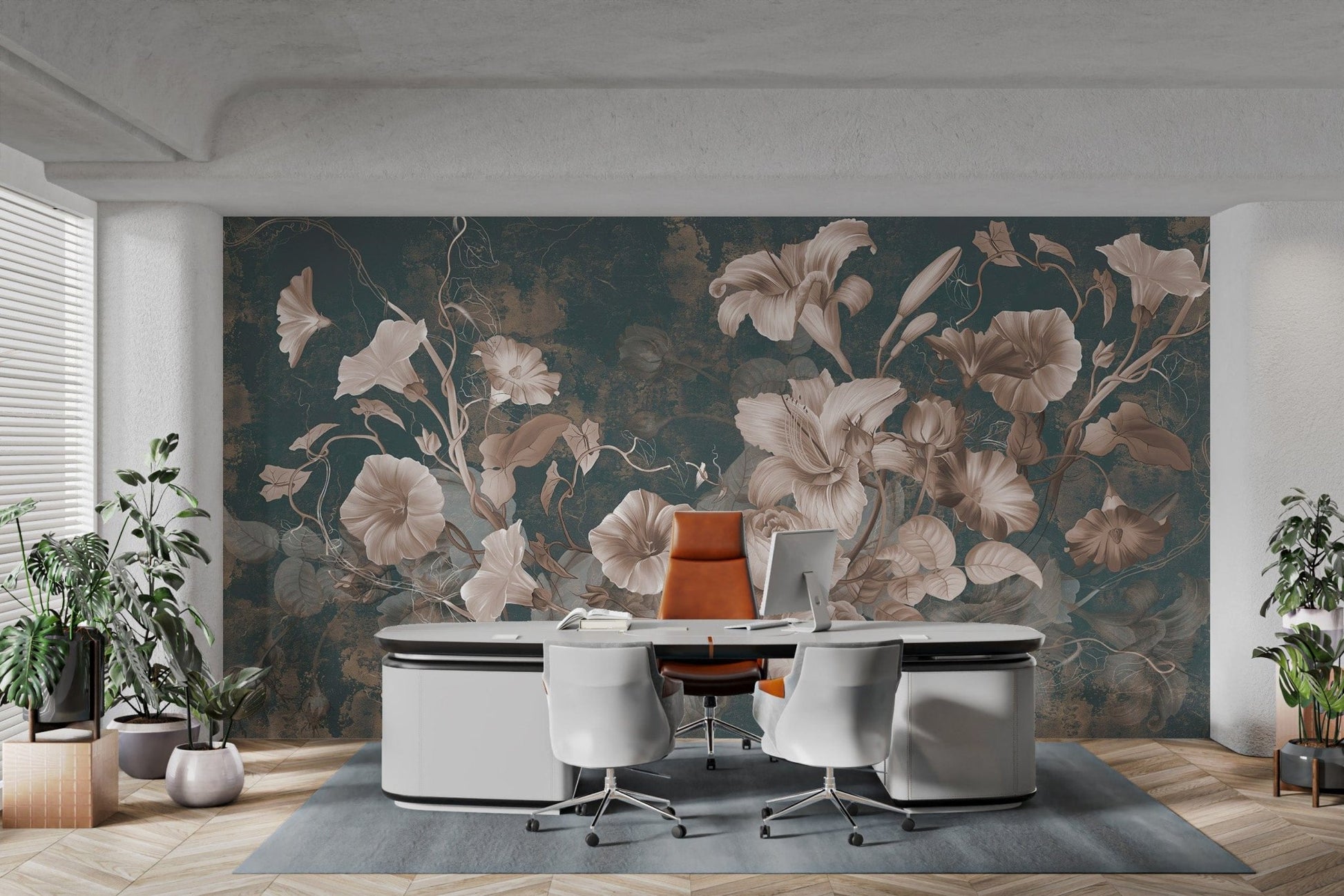 Muted floral wallpaper with vine details
