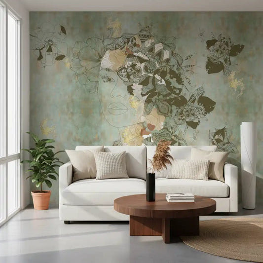 Antique-style blue floral artwork in Vintage Blue Floral Woman Portrait wall mural