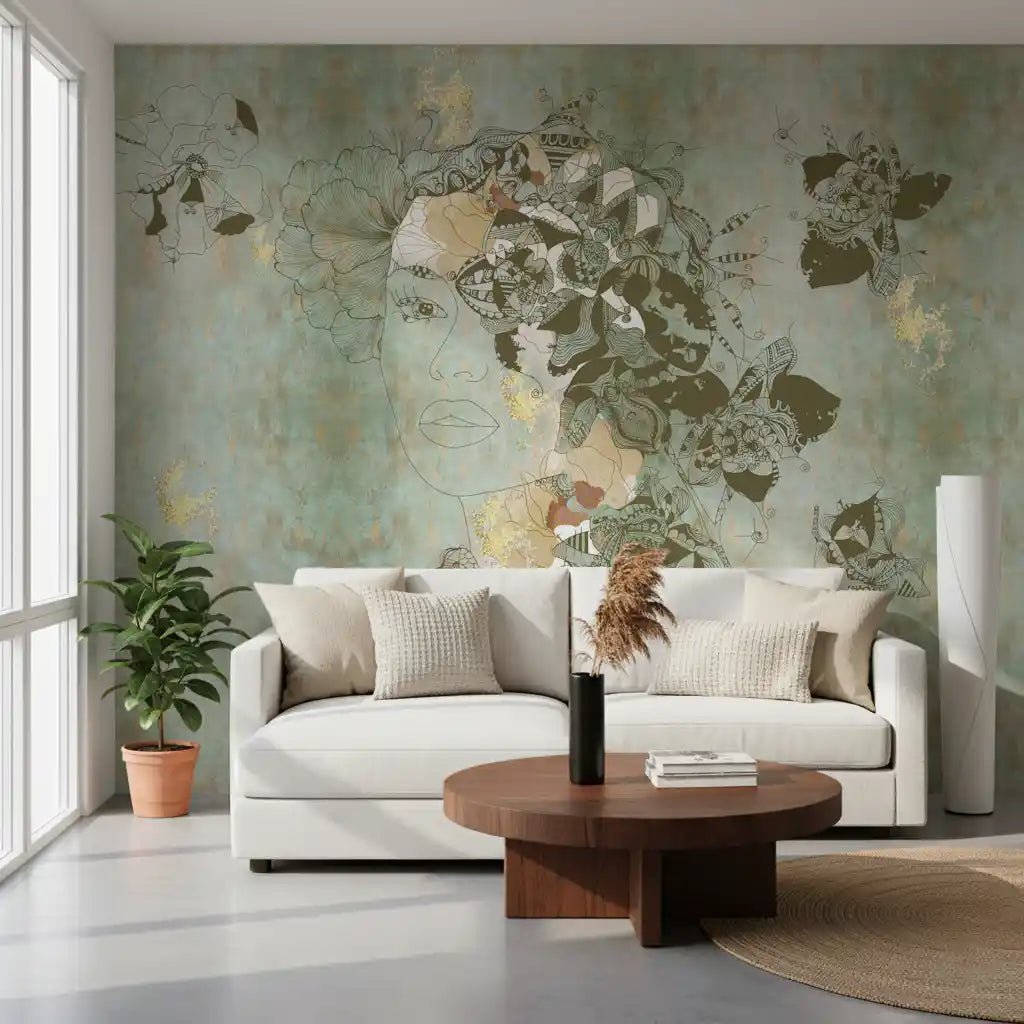 Antique-style blue floral artwork in Vintage Blue Floral Woman Portrait wall mural, GD9280
